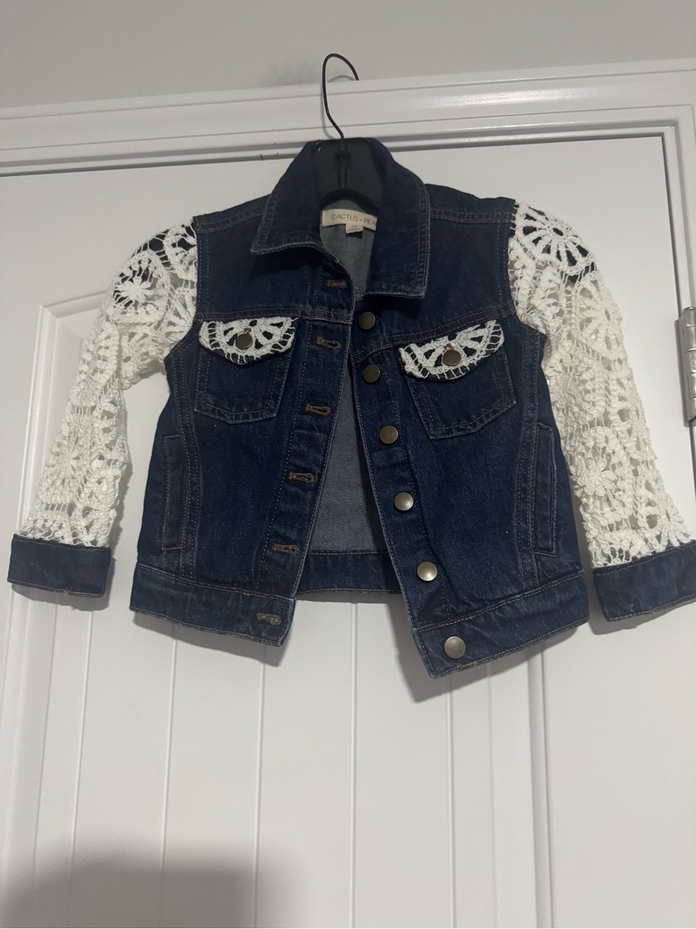 Girls Dark Blue Denim Jacket with White Crochet Sleeves